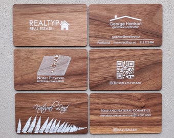 Cartes de visite en bois, Étiquettes pour cartes en bois, Cartes uniques en noyer, Impression couleur blanc