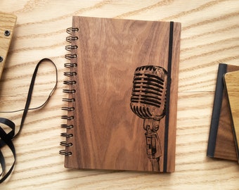 Carnet en bois, journal de microphone personnalisé ( pages blanches ou en ligne d’ivoire / journal personnalisé de la chanson en bois )