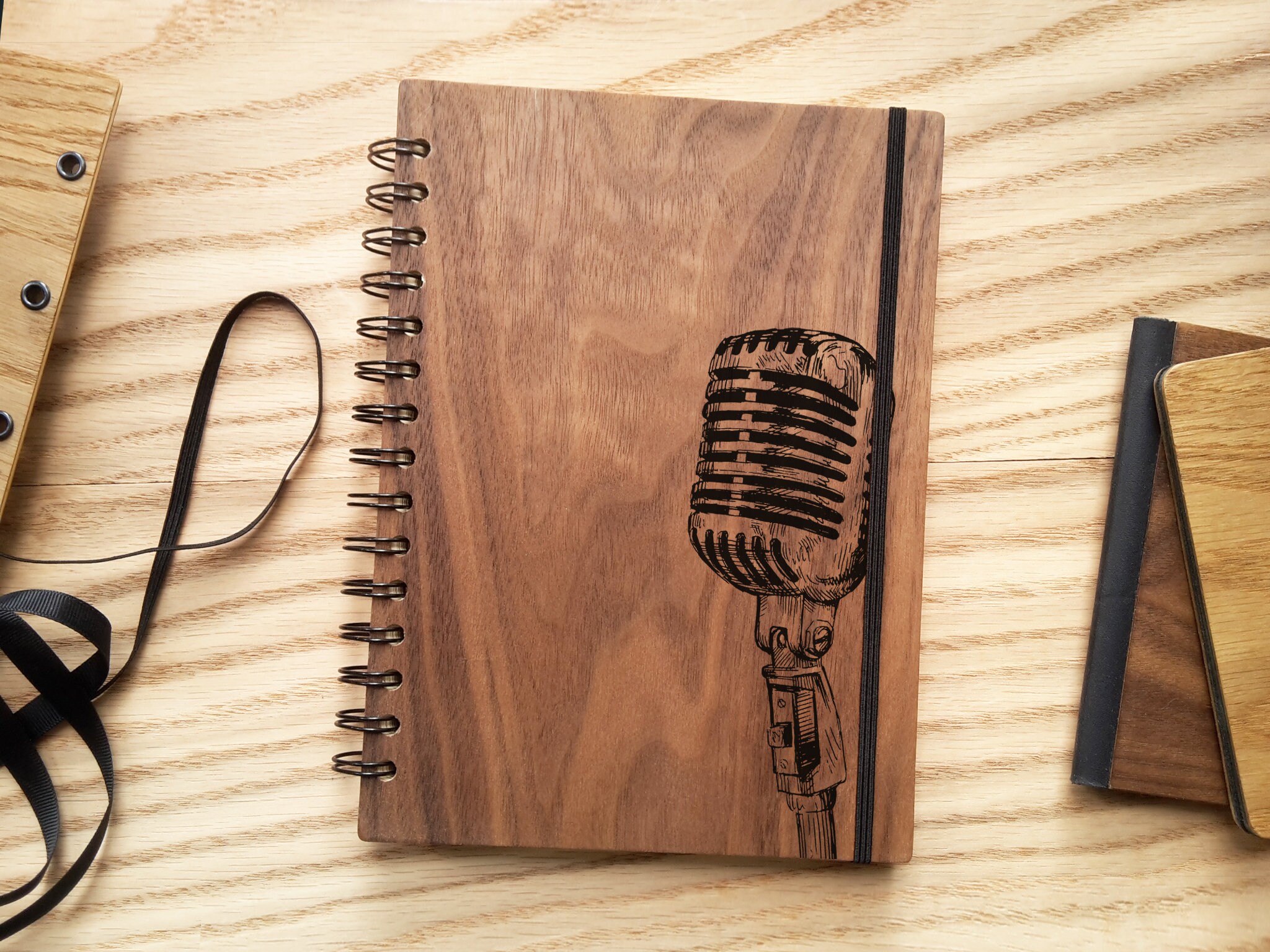 Wooden Notebook, Custom Microphone Journal ( Blank or Line Ivory Pages / Personalized Wood Song Journal )