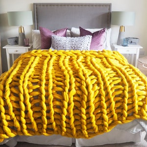 Mustard Yellow Chunky knit blanket yellow giant knit blanket super chunky knitted throw extreme knit blanket, merino wool throw blanket image 1
