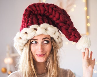 Knitted Santa Hat, Hand Knitted Chunky Christmas Hat, Unique Christmas Gift, Stocking filler festive holiday hat