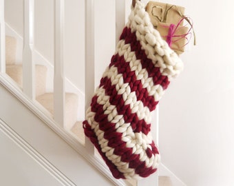 Personalised Chunky Knit Striped Christmas Stocking - Red and White Candy-cane stripe hand knit Christmas decoration