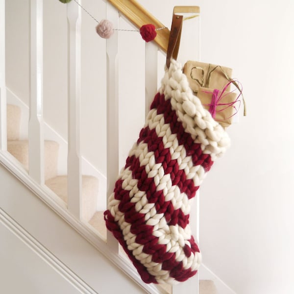 Personalised Chunky Knit Striped Christmas Stocking - Red and White Candy-cane stripe hand knit Christmas decoration