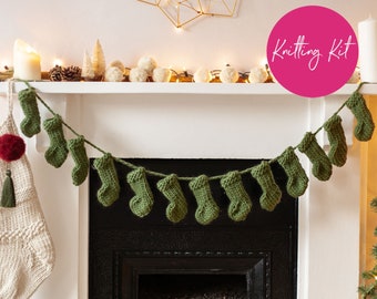 Knit Kit - Mini Stocking Christmas Garland - make your own holiday decorations - FREE UK Shipping