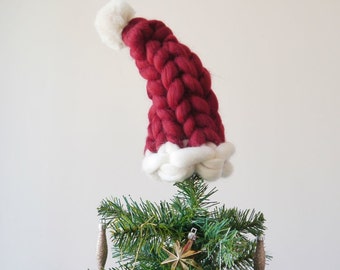 Christmas Tree Topper - Chunky Knit Santa Hat Tree Topper - Chunky hand knitted Christmas Hat