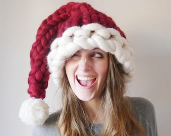 Knitted Santa Hat, Hand Knitted Chunky Christmas Hat, Unique Christmas Gift, Stocking filler festive holiday hat