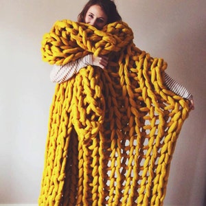 Mustard Yellow Chunky knit blanket yellow giant knit blanket super chunky knitted throw extreme knit blanket, merino wool throw blanket image 7