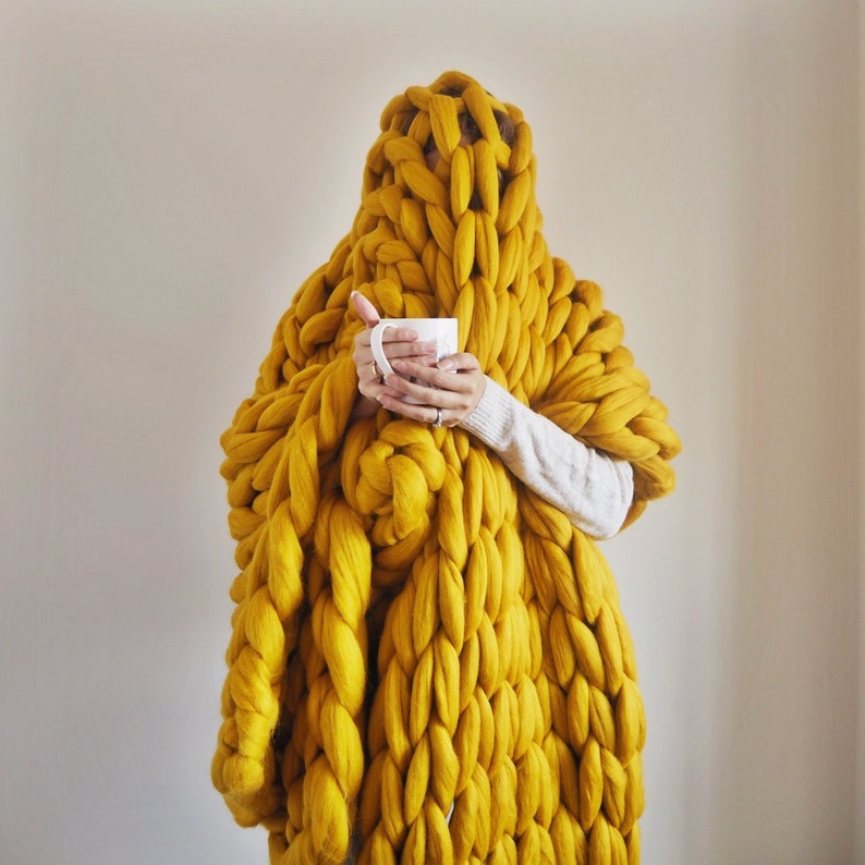 Mustard Yellow Chunky knit blanket yellow giant knit blanket super chunky knitted throw extreme knit blanket, merino wool throw blanket image 8