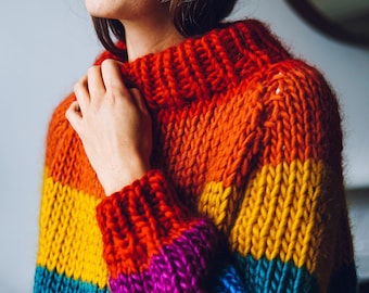 Commission Rainbow Jumper | Ready Made roll neck rainbow sweater | handmade merino jumper