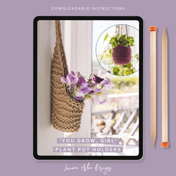 Knitting Pattern - 'You Grow Girl' Plant Pot Holders | Hanging planter downloadable pdf pattern