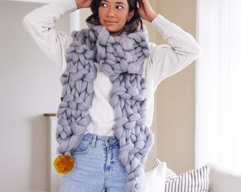 Chunky Knit Pom Pom Scarf, Super Chunky cosy scarf 30+ colours - Pom-Pom scarf wrap - Fun Scarf - Pompom chunky knit, Perfect gift