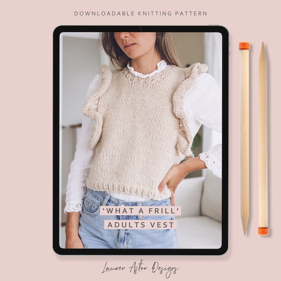 編み物パターン - 「What a Frill」大人用ベスト | フリルベスト編み物 