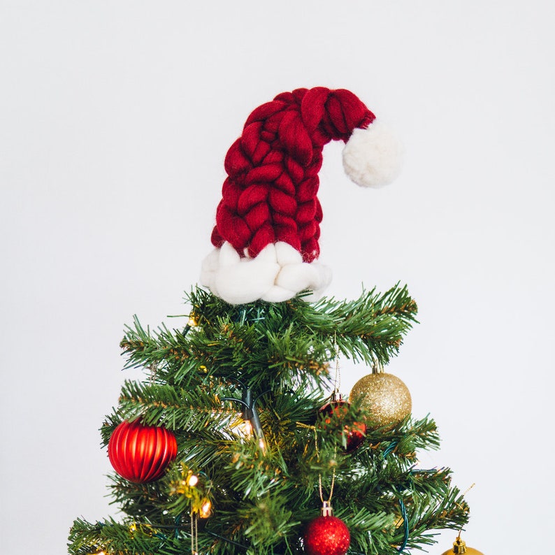 Christmas Tree Topper Chunky Knit Santa Hat Tree Topper Chunky hand knitted Christmas Hat image 3