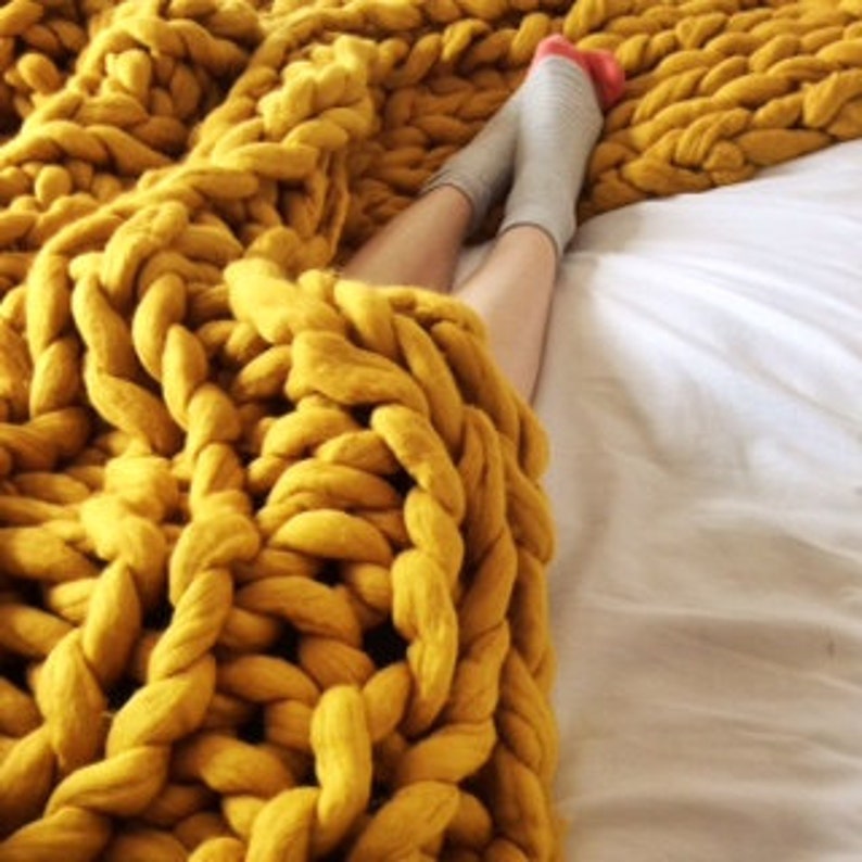 Mustard Yellow Chunky knit blanket yellow giant knit blanket super chunky knitted throw extreme knit blanket, merino wool throw blanket image 6