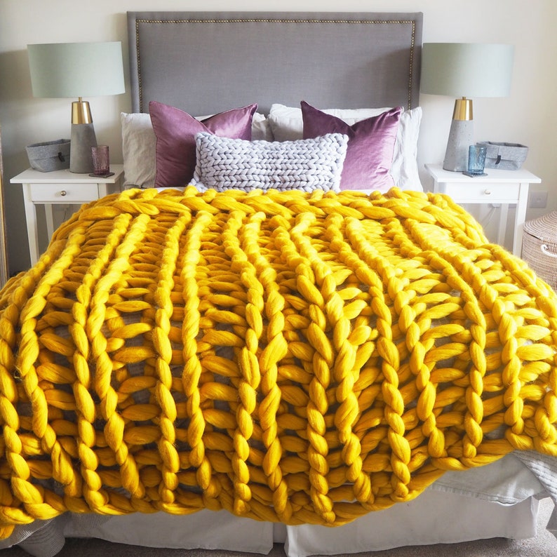 Mustard Yellow Chunky Knit Blanket Yellow Giant Knit Blanket Etsy UK