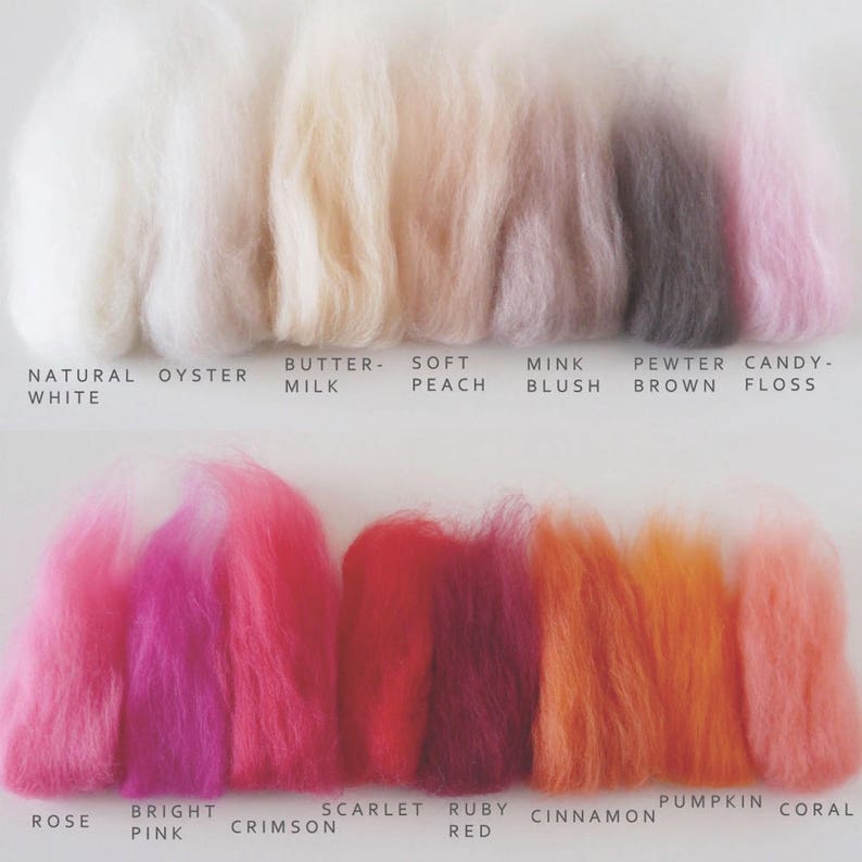 May include: Wool roving in a variety of colors, including natural white, oyster, butter milk, soft peach, mink blush, pewter brown, candy floss, rose, bright pink, crimson, scarlet, ruby red, cinnamon, pumpkin, and coral.