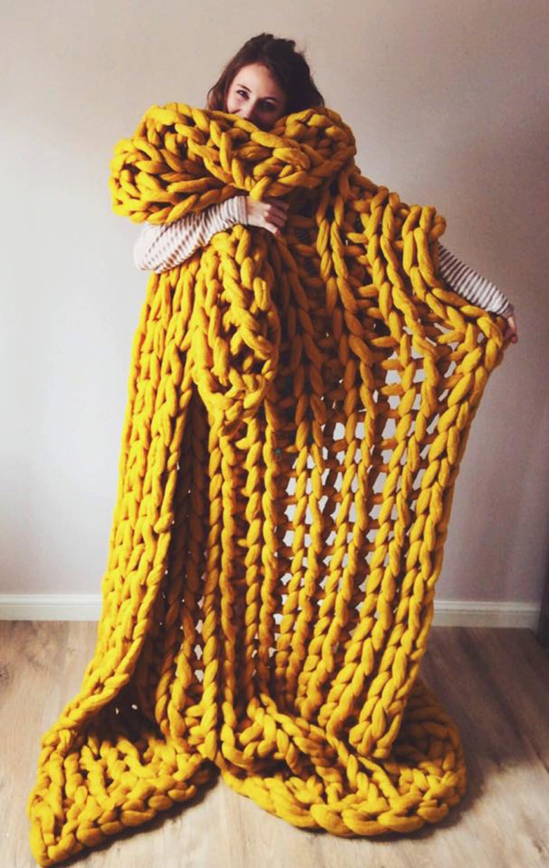 Mustard Yellow Chunky knit blanket yellow giant knit blanket super chunky knitted throw extreme knit blanket, merino wool throw blanket image 7