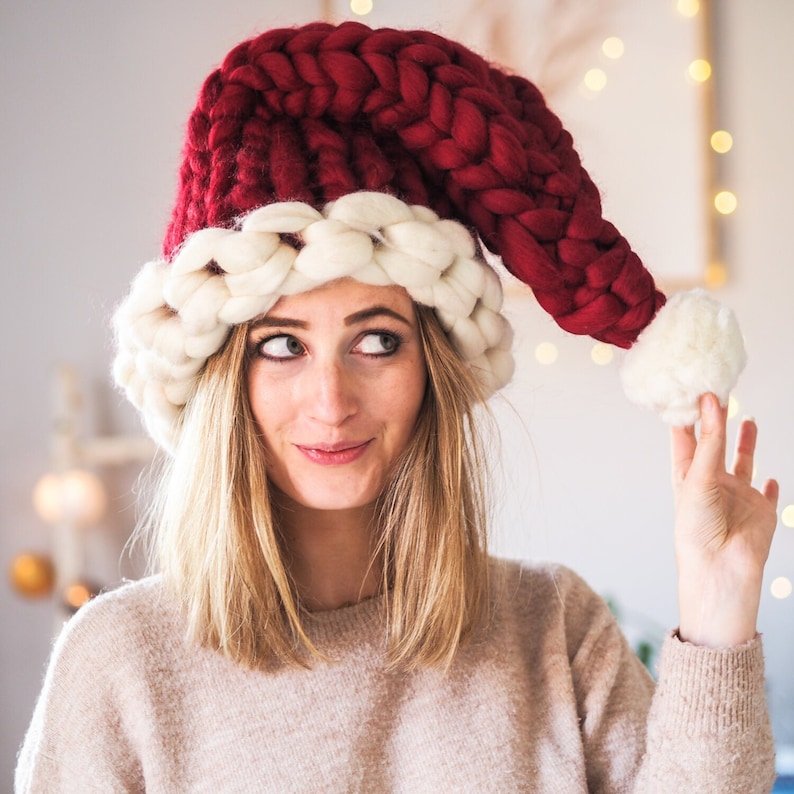 Knitted Santa Hat, Hand Knitted Chunky Christmas Hat, Unique Christmas Gift, Stocking filler festive holiday hat 