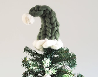 Christmas Tree Topper - Chunky Knit Green Elf Hat Tree Topper - Chunky hand knitted Christmas Elf Hat