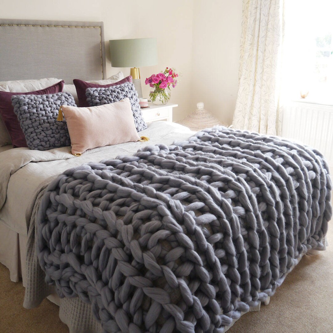 Grey Chunky Knit Blanket Giant Knit Blanket Chunky Knit Throw Grey Knit