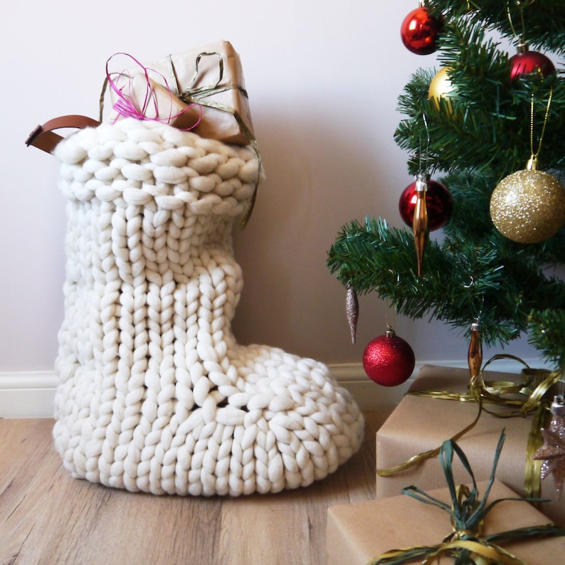 Chunky Knit White Christmas Stocking Traditional Hand Knit Etsy