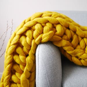 Mustard Yellow Chunky knit blanket yellow giant knit blanket super chunky knitted throw extreme knit blanket, merino wool throw blanket image 3