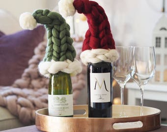 Bottle cosy set - Santa Hat - Elf Hat - Xmas gift - Chunky knitted Santa Hat cosy - Giant Knit - Chunky hand knitted Christmas Elf Hat xmas