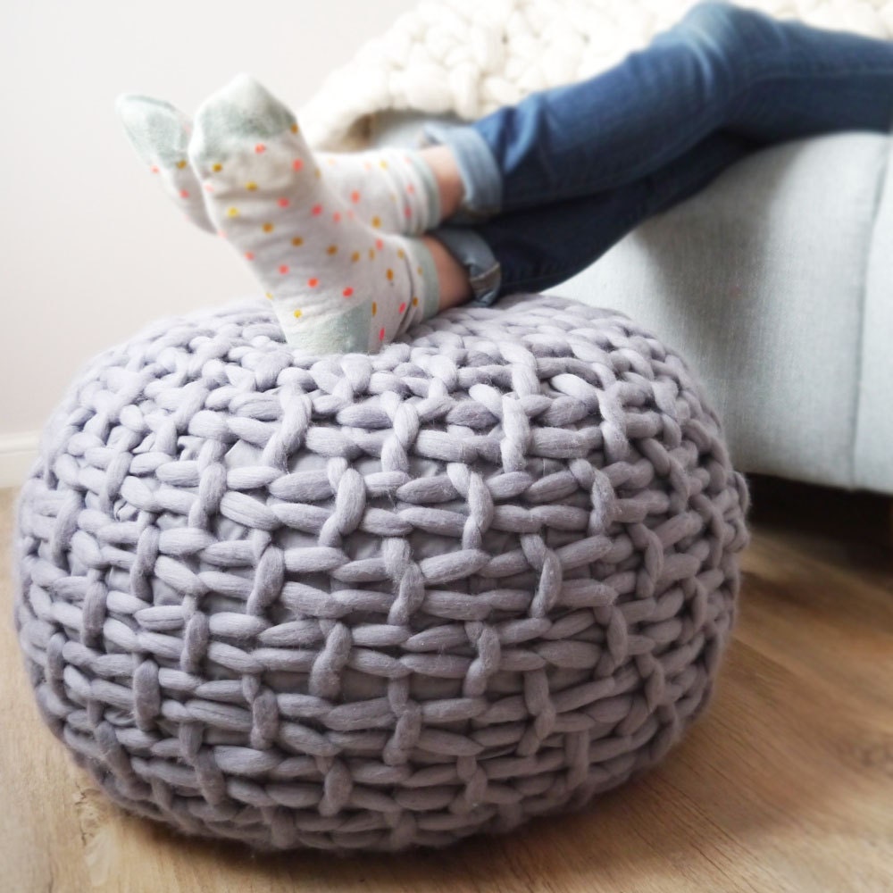 Grey knitted pouf footstool grey chunky knit pouffe Etsy