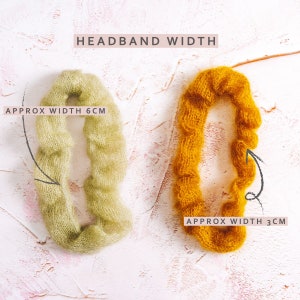 K&ouml;nnte beinhalten: Zwei gestrickte Stirnb&auml;nder in verschiedenen Breiten. Das Stirnband links ist hellgr&uuml;n und misst etwa 6 cm breit. Das Stirnband rechts ist senfgelb und misst etwa 3 cm breit.