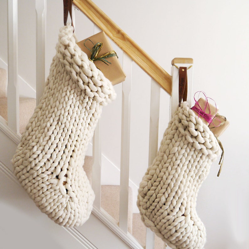 Chunky Knit White Christmas Stocking Traditional hand knit christmas stockings Scandinavian Christmas decoration Chunky knit stocking image 2