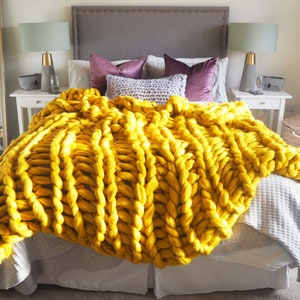 Mustard Yellow Chunky knit blanket yellow giant knit blanket super chunky knitted throw extreme knit blanket, merino wool throw blanket image 9