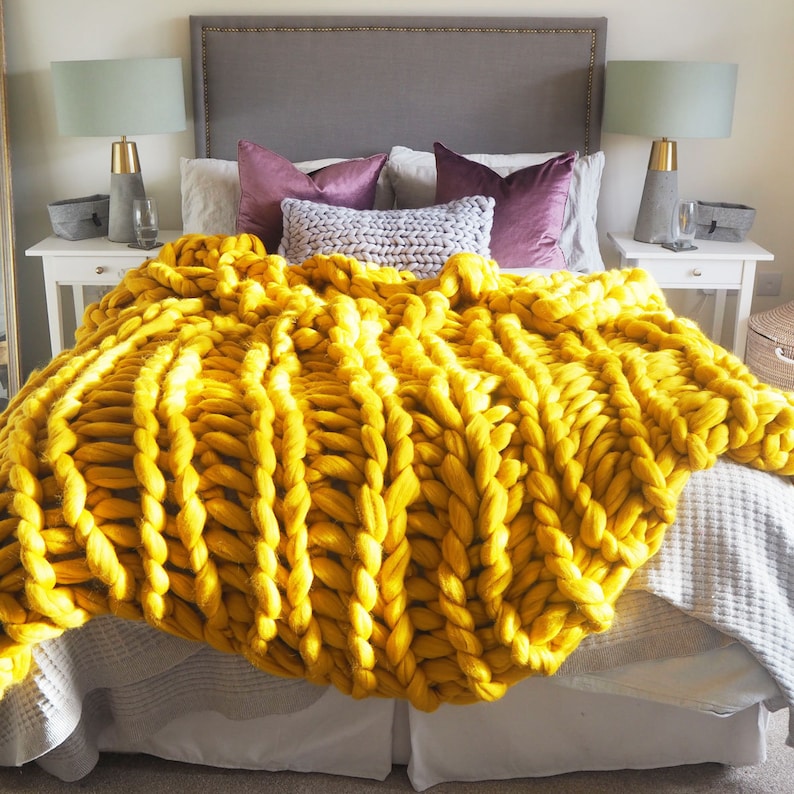 Mustard Yellow Chunky knit blanket yellow giant knit blanket super chunky knitted throw extreme knit blanket, merino wool throw blanket image 9