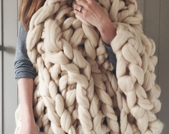 Chunky Knit Blanket in Buttermilk - cream giant knit blanket - Giant Yarn - Super chunky knit throw - extreme knit blanket - Wedding gift