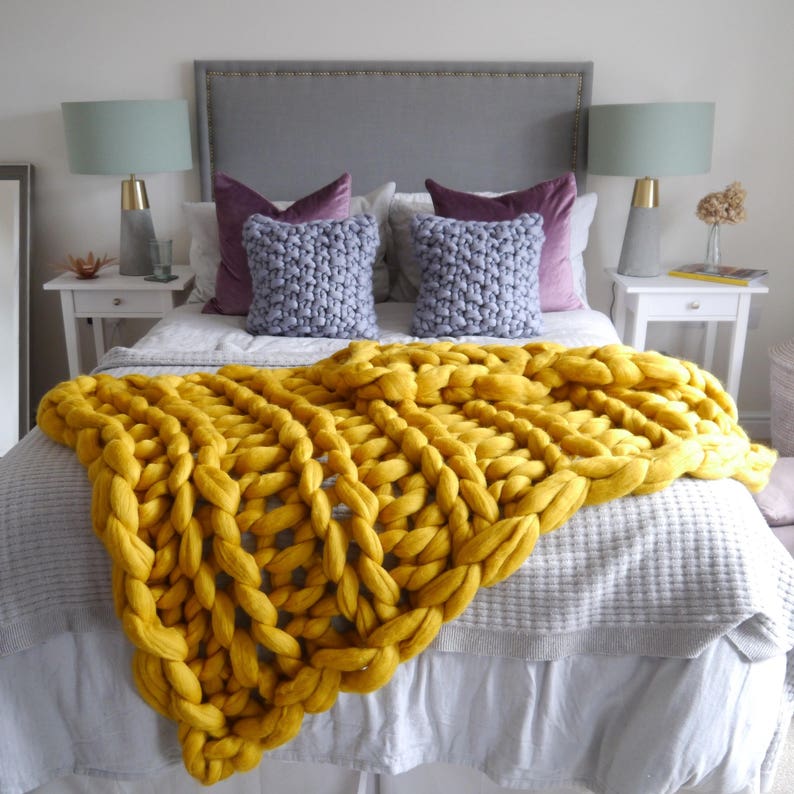 Mustard Yellow Chunky knit blanket yellow giant knit blanket super chunky knitted throw extreme knit blanket, merino wool throw blanket image 2