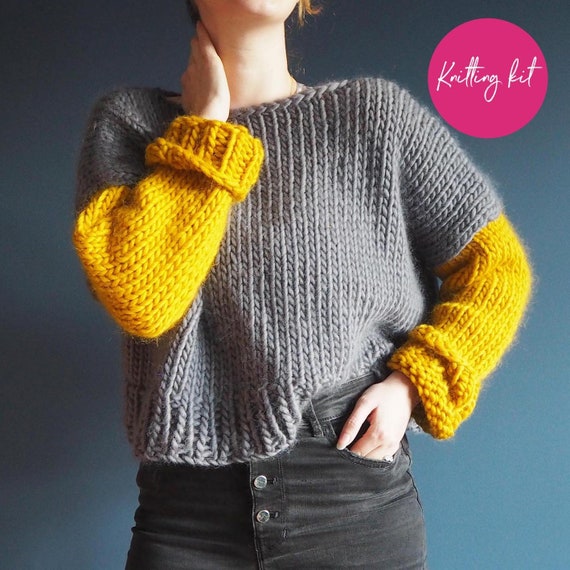 Boatneck Chunky Knitted Jumper Beginners Knitting Kit Knit Your Own Cosy Cropped Jumper