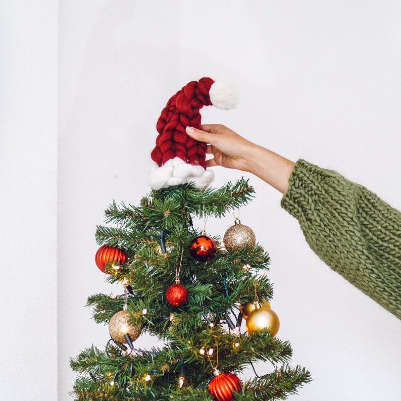 Christmas Tree Topper Chunky Knit Santa Hat Tree Topper Chunky hand knitted Christmas Hat image 8