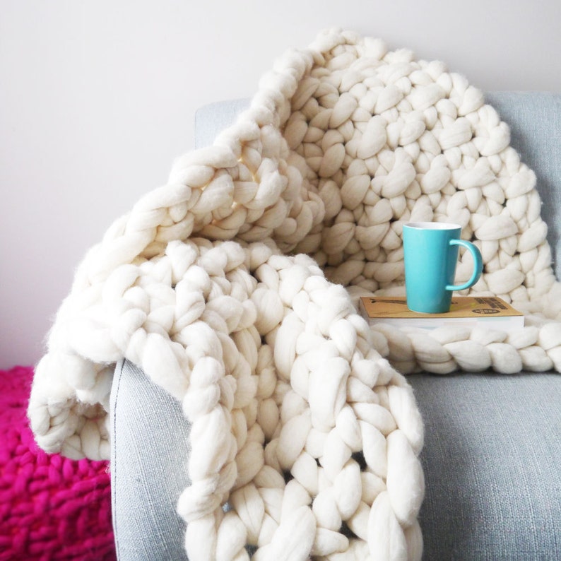 Chunky Knit Lap Blanket in Natural White Giant Knit Blanket Chunky Knitting Throw blanket Merino Wool Blanket Giant Yarn Blanket image 1