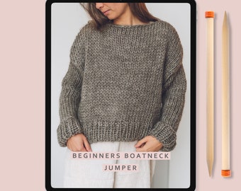 May include: A digital tablet displaying a knitting pattern for a beginner's boatneck jumper. The pattern is titled "Beginners Boatneck Jumper" and is by Lauren Acton Designs.