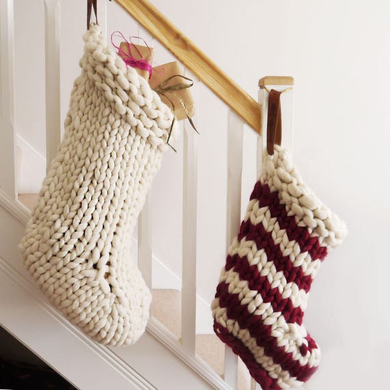 Chunky Knit White Christmas Stocking Traditional Hand Knit