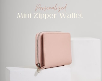 Personalized Leather Small Wallet - Monogram Leather Small Wallet - Customized Zipper Wallet - Bridesmaids Gift  (Baby Pink Saffiano)