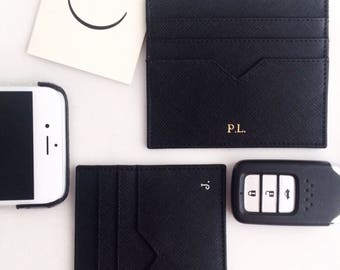 Personalized Card Holder - Monogram Card Holder - Personalized Leather Card Holder - Leather Card Case - Personalized gifts for him (Black)