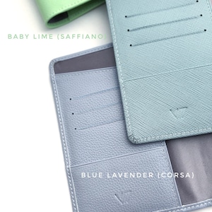 May include: Three leather-like card holders in baby lime, cloudy, and blue lavender colors. The cloudy and baby lime items feature a cross-hatch saffiano texture, while the blue lavender item has a pebbled corsa texture. Each includes card slots.