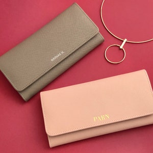 FREE Shipping! for order >200USD - Personalized Leather Foldover Wallet - Monogram Leather Wallet - Customized Long Wallet  (Saffiano)