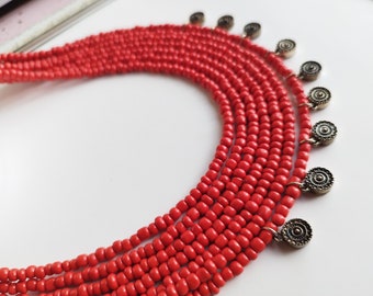 red beaded necklace red multi strand necklace red seed beads necklace