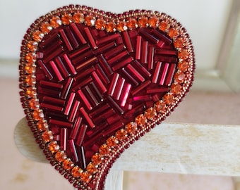 little heart beaded brooch red embroidery brooch Beadwork brooch Beaded embroidery jewellery Seed bead embroidery brooch for coat