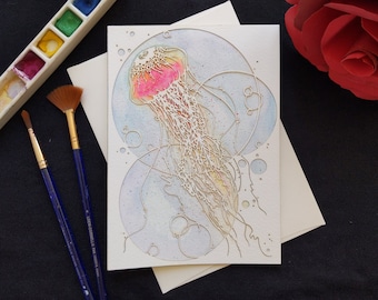 Jellyfish - Laser cut card with hand painted watercolor 5x7"