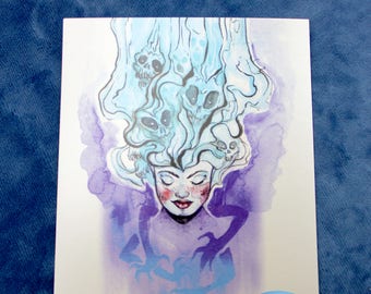 Mini Print "The Sorceress" | Shimmering Art Print | Postcard Sized | Watercolor Witch Necromancer