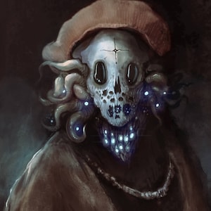 Puede incluir: Una pintura digital de una criatura con una cara de calavera, que lleva un sombrero marrón y un collar de luces azules brillantes. La criatura tiene una cruz en la frente y sus ojos son grandes y negros.