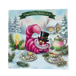 May include: A watercolor illustration featuring a pink and purple striped cat wearing a black top hat, sitting in snow. The scene includes a teapot, a teacup, star-shaped cookies, a candle, and a house. The text reads Dapper Day Winter 2026.