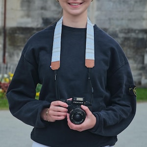 Sky blue gingham cotton & vegan leather camera neck strap